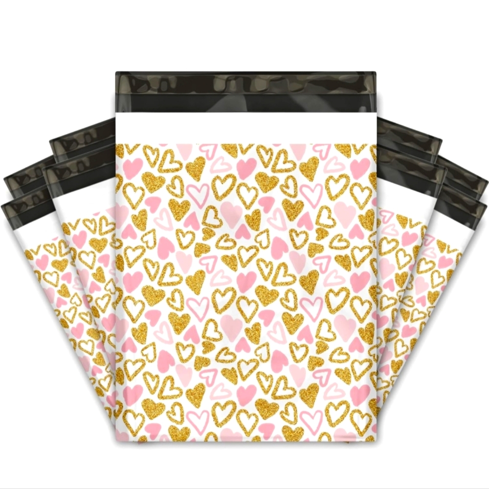 (5) Pink & Gold Hearts Premium Extra Large Poly Mailers: 19" x 24"